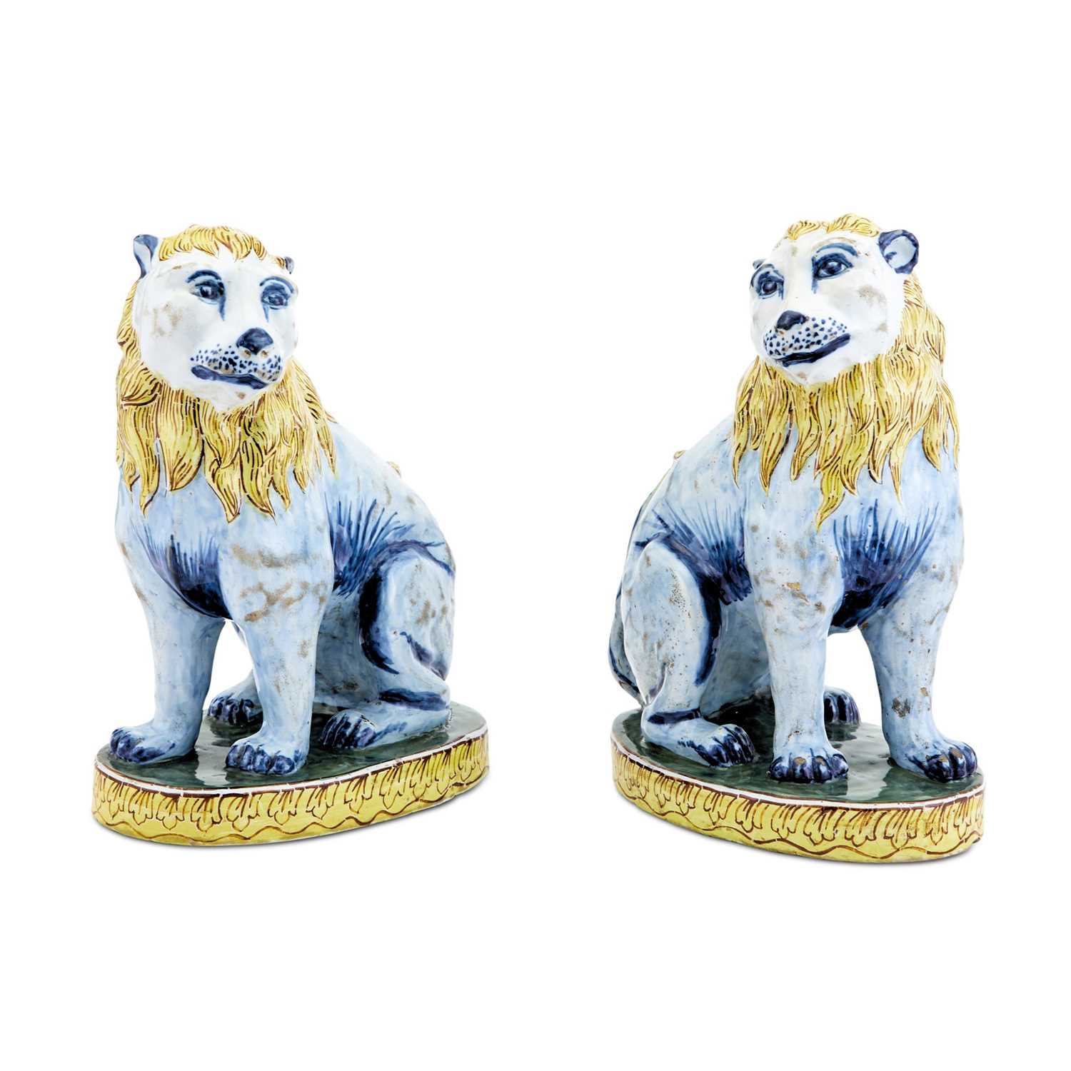 Lot 381 - Pair of Faience Polychrome Models of Lions