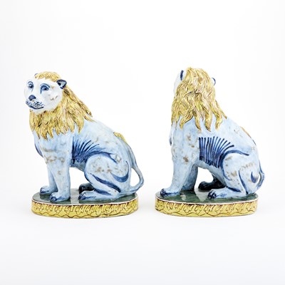 Lot 381 - Pair of Faience Polychrome Models of Lions