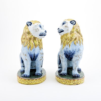 Lot 381 - Pair of Faience Polychrome Models of Lions