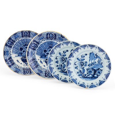 Lot 328 - Pair of Dutch Delft Blue and White Peacock Pattern Chargers