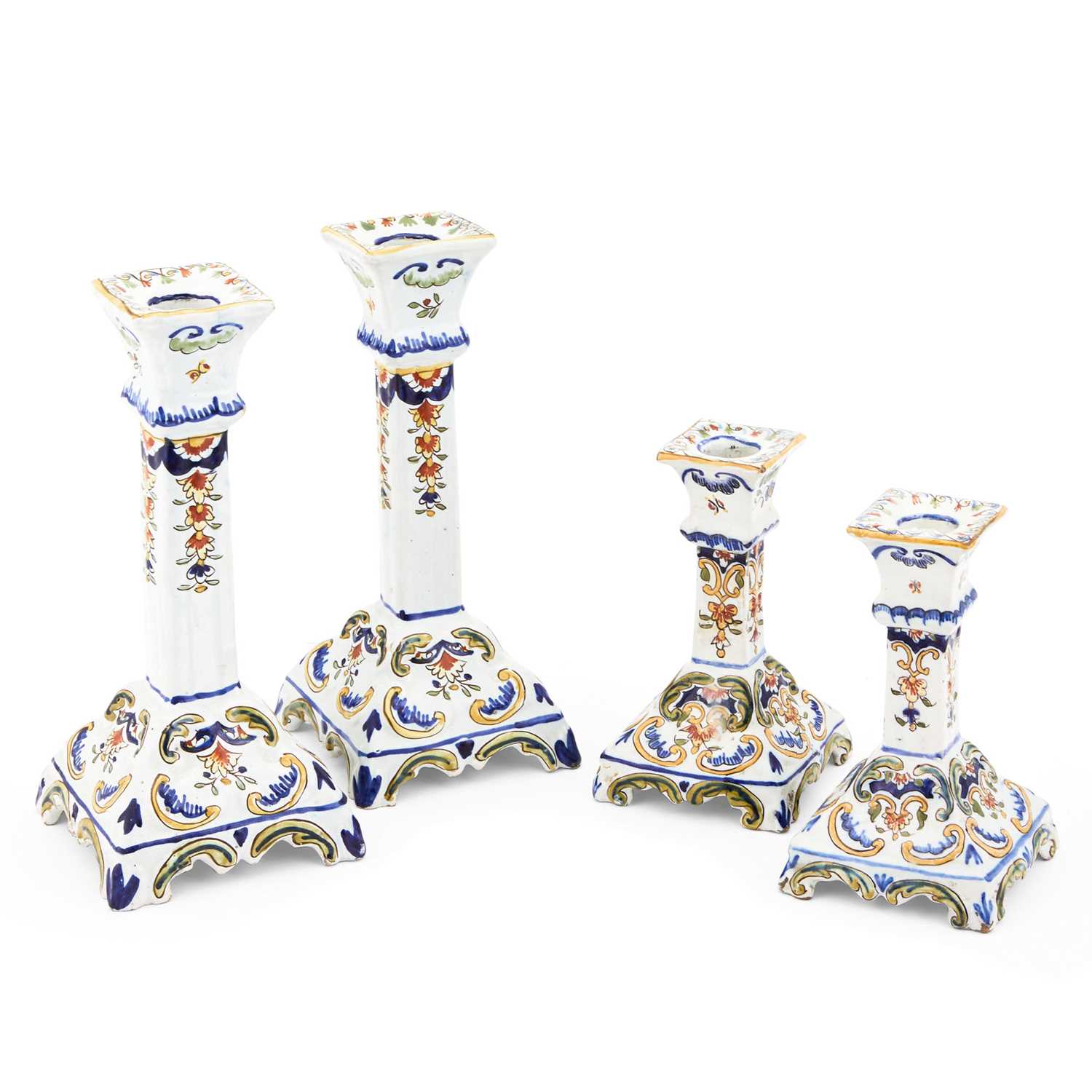 Lot 327 - Set of Four Rouen Faience Polychrome Candlesticks