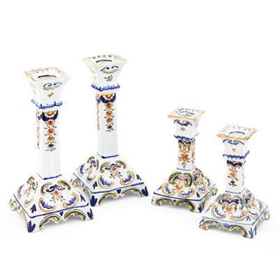 Lot 249 - Set of Four Rouen Faience Polychrome Candlesticks
