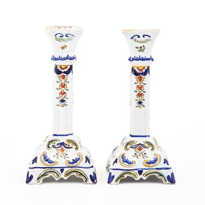 Lot 327 - Set of Four Rouen Faience Polychrome Candlesticks