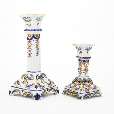 Lot 327 - Set of Four Rouen Faience Polychrome Candlesticks