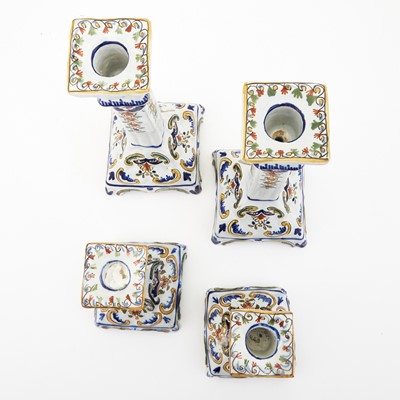 Lot 327 - Set of Four Rouen Faience Polychrome Candlesticks