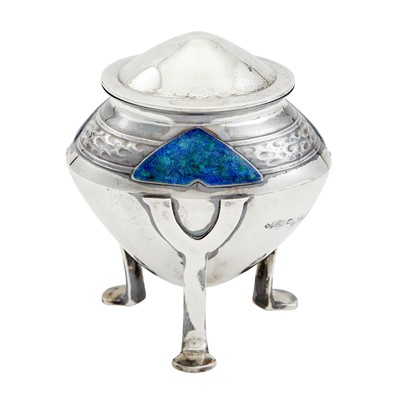 Lot 260 - Archibald Knox for Liberty & Co. Sterling Silver and Enamel Cymric Pattern Tea Caddy