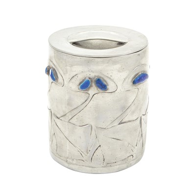 Lot 253 - Archibald Knox for Liberty & Co. Pewter and Enamel Tudric Pattern Tea Caddy