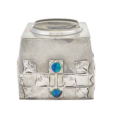 Lot 259 - Archibald Knox for Liberty & Co. Pewter and Enamel Tudric Pattern Biscuit Box