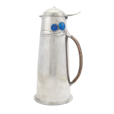 Lot 255 - Archibald Knox for Liberty & Co. Pewter and Enamel Tudric Pattern Flagon