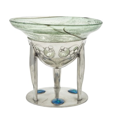Lot 251 - Archibald Knox for Liberty & Co. Pewter, Glass and Enamel Tudric Pattern Centerpiece Bowl