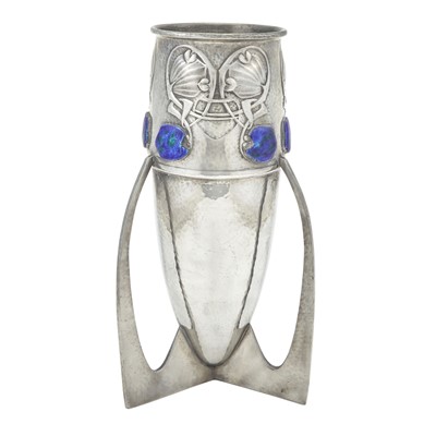 Lot 244 - Archibald Knox for Liberty & Co. Pewter and Enamel Tudric Pattern Vase