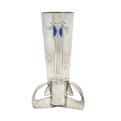 Lot 248 - Archibald Knox for Liberty & Co. Pewter and Enamel Tudric Pattern Vase