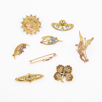 Lot 2115 - Group of Antique and Period Gold, Low Karat Gold, Enamel and Gem-Set Pins