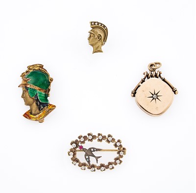 Lot 2118 - Group of Antique and Period Gold, Enamel, Diamond and Gem-Set Pins and Gold-Filled Fob Pendant
