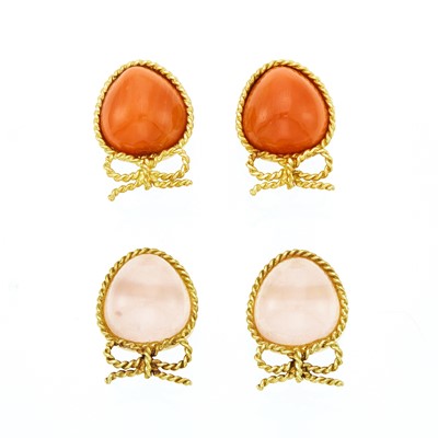 Lot 2255 - Two Pairs of Gold, Coral and Pink Chalcedony Earclips