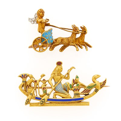 Lot 2108 - Gold and Enamel Egyptian Boat Brooch and Chariot Brooch