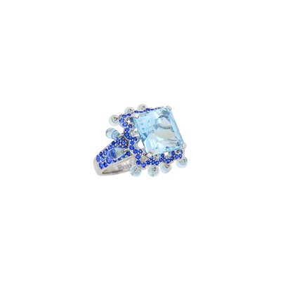 Lot 120 - Boucheron White Gold, Aquamarine and Sapphire Fringe Ring, France