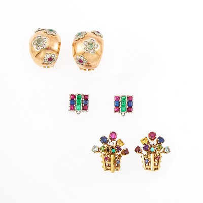 Lot 2169 - Three Pairs of Gold and Colored Stone Earrings