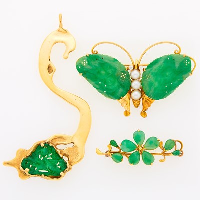 Lot 2143 - Two Gold, Jade, Cultured Pearl and Simulated Diamond Brooches and Pendant