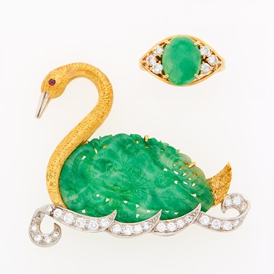 Lot 2141 - Gold, Platinum, Carved Jade and Diamond Swan Brooch and Jade Ring