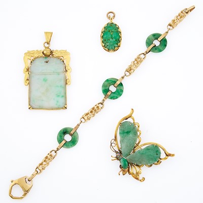 Lot 2146 - Group of Gold, Gilt-Metal and Jade Jewelry