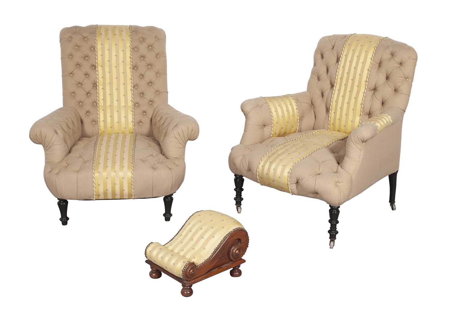 Lot 352 - Two Napoleon III Button Tufted Upholstered Armchairs and a Foot Stool