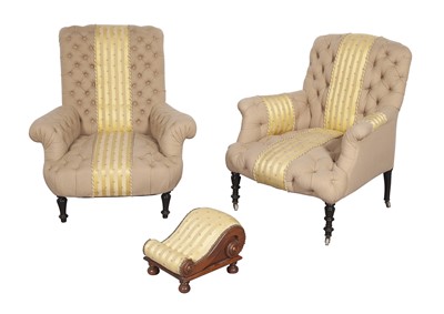 Lot 352 - Two Napoleon III Button Tufted Upholstered Armchairs and a Foot Stool