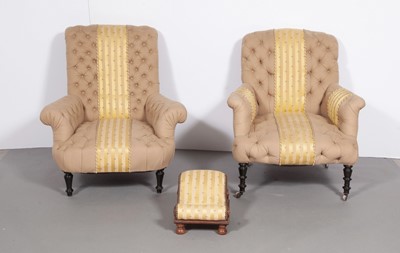 Lot 352 - Two Napoleon III Button Tufted Upholstered Armchairs and a Foot Stool