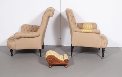 Lot 352 - Two Napoleon III Button Tufted Upholstered Armchairs and a Foot Stool