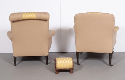 Lot 352 - Two Napoleon III Button Tufted Upholstered Armchairs and a Foot Stool
