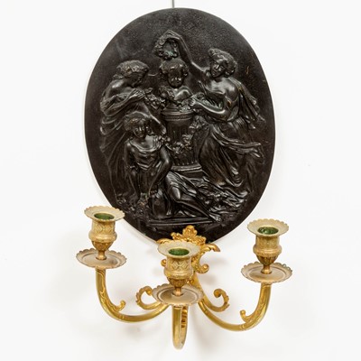 Lot 313 - Pair of Louis XVI Style Brass and Patinated Metal Three-Light Wall Sconces