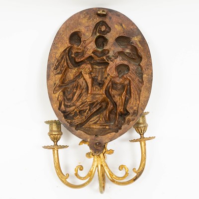 Lot 313 - Pair of Louis XVI Style Brass and Patinated Metal Three-Light Wall Sconces