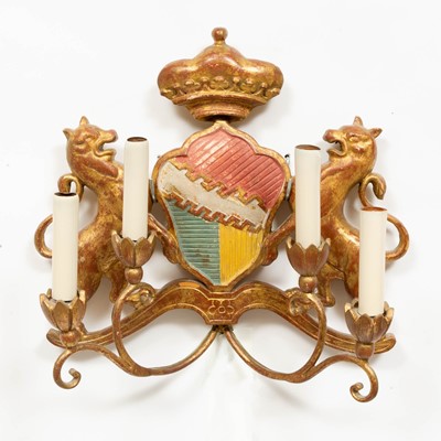 Lot 309 - Pair of Gilt-Wood Four-Light Armorial-Form Wall Sconces