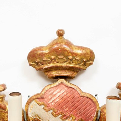 Lot 309 - Pair of Gilt-Wood Four-Light Armorial-Form Wall Sconces