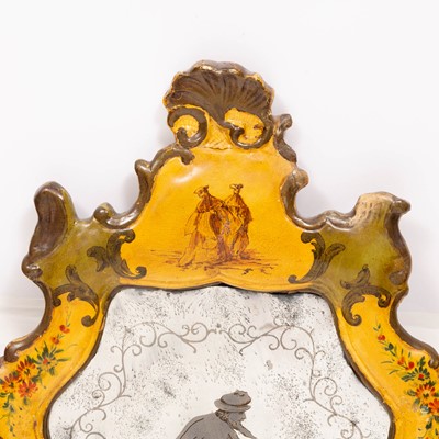 Lot 294 - Two Similar Venetian Yellow and Green Painted Etched Glass Mirrors