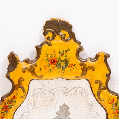 Lot 294 - Two Similar Venetian Yellow and Green Painted Etched Glass Mirrors