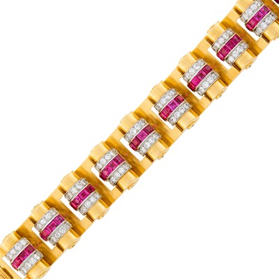 Lot 209 - Gold, Platinum, Ruby and Diamond Bracelet, France