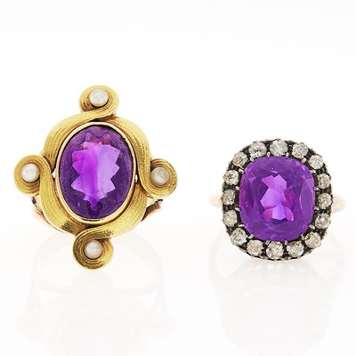 Lot 2127 - Antique Gold, Amethyst and Diamond Ring and Amethyst and Split Pearl Ring