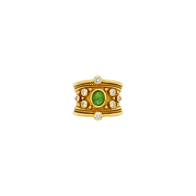 Lot 1016 - Elizabeth Gage Gold, Cabochon Emerald and Diamond Ring
