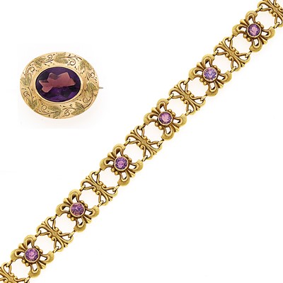 Lot 2116 - Antique Gold and Amethyst Bracelet and Pin