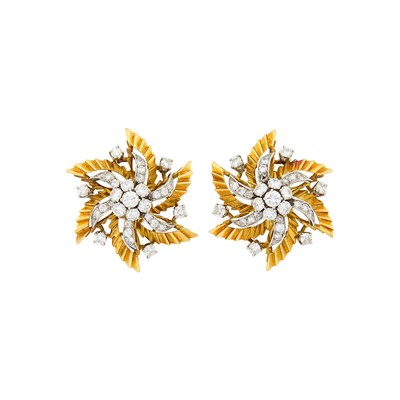 Lot 158 - Mauboussin Paris Pair of Gold, Platinum and Diamond Flower Earclips