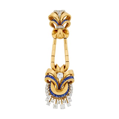 Lot 213 - Gold, Platinum, Diamond and Sapphire Fringe Lapel-Clip, France