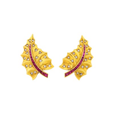 Lot 156 - Van Cleef & Arpels Pair Gold, Ruby and Diamond Leaf Earclips