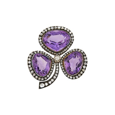Lot 73 - Antique Silver, Gold, Amethyst and Diamond Three Leaf Clover Brooch