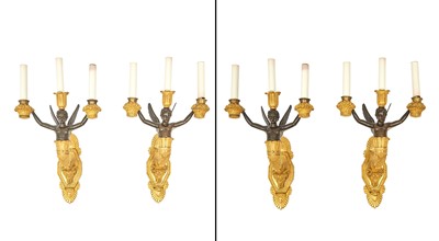 Lot 696 - Set of Four Charles X Ormolu  and Patinated-Bronze  Two-Light Wall Lights
