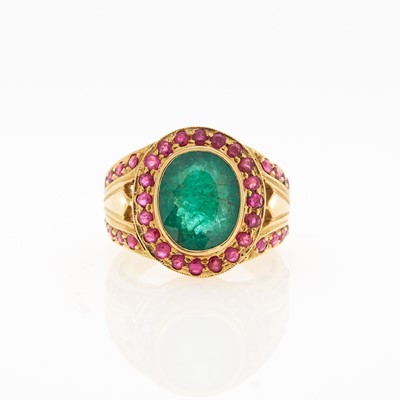 Lot 2165 - Gold, Emerald and Ruby Ring