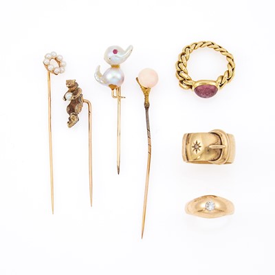 Lot 2100 - Group of Gold, Low Karat Gold and Metal Jewelry and Stick Pins