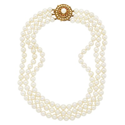 Lot 2167 - Triple Strand Cultured Pearl Necklace with Gold, Cultured Pearl and Ruby Clasp