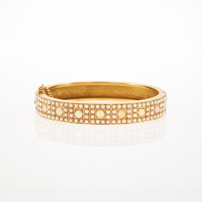 Lot 2106 - Gold, White Opal and Seed Pearl Bangle Bracelet