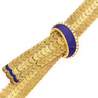 Lot 2130 - Antique Gold, Split Pearl and Blue Enamel Bracelet
